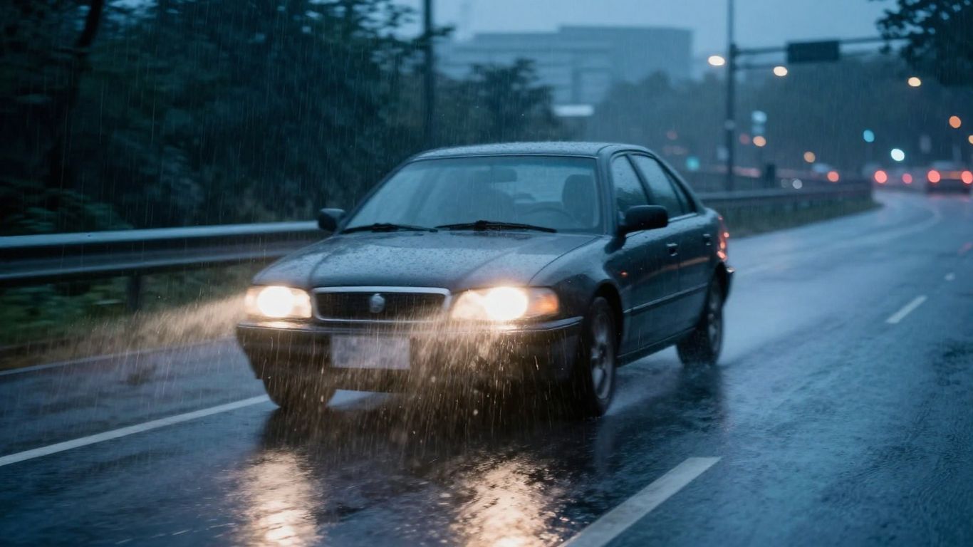 Speeding car on a wet road at night.