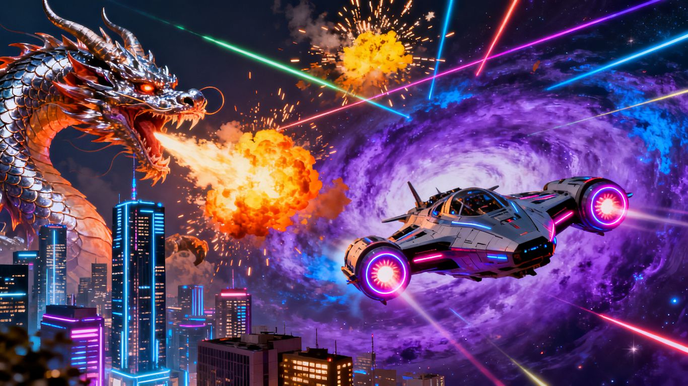 Collage of futuristic movie scenes with explosions and spaceships.