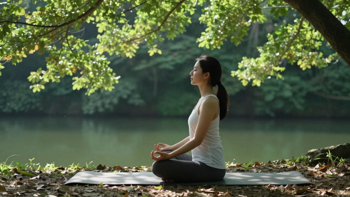 Person meditating peacefully outdoors in sunlight.
