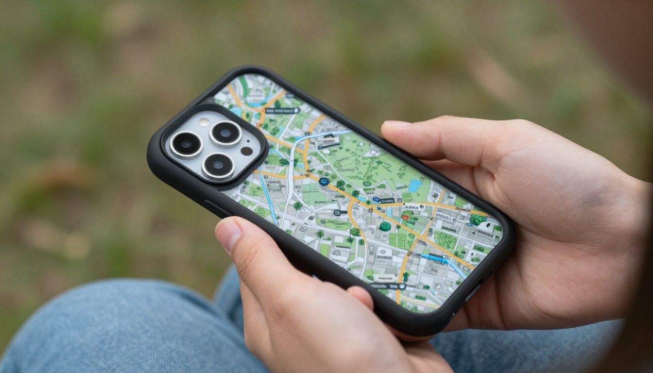 A close-up shot of someone's hands holding an iPhone 16e / 17e in a sturdy-looking case, perhaps checking a map while outdoors.
