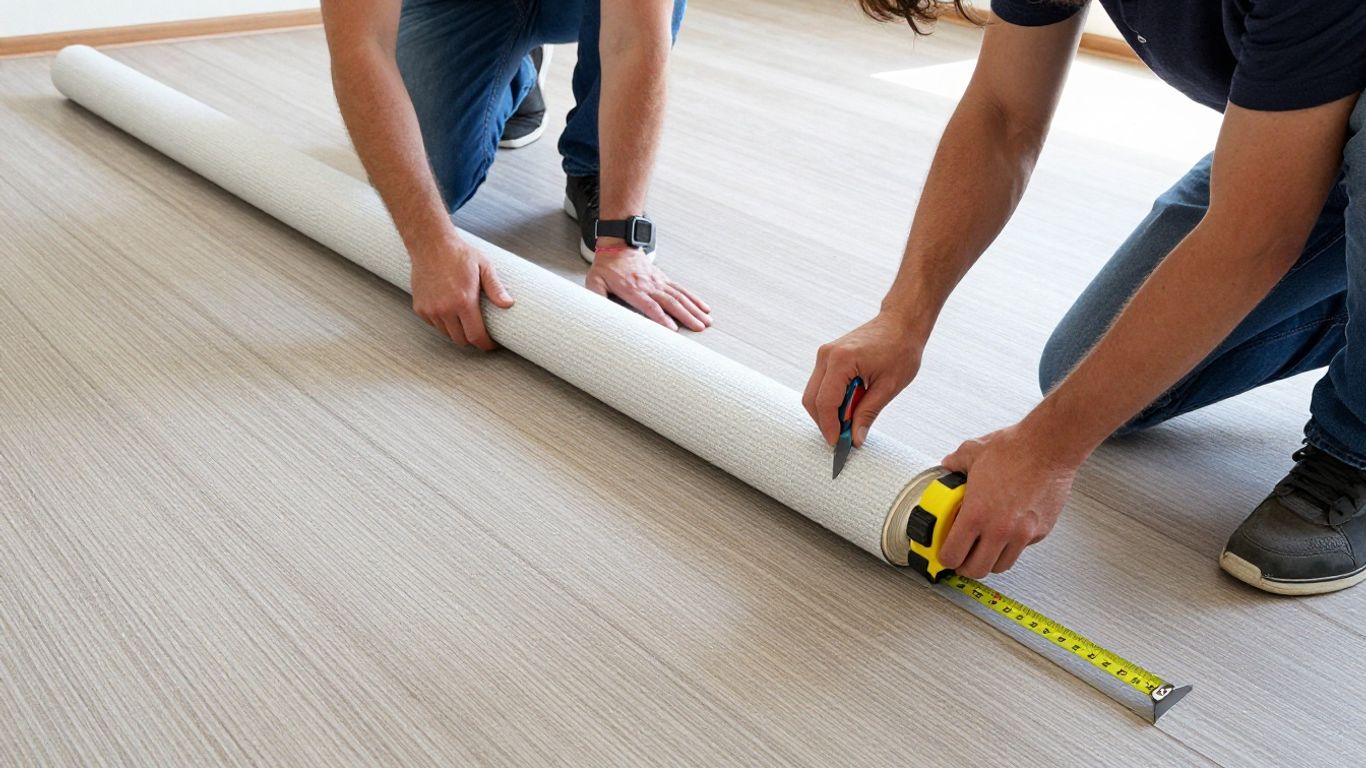 Measuring and cutting carpet to fit a room, showing how the width of the roll affects the cut