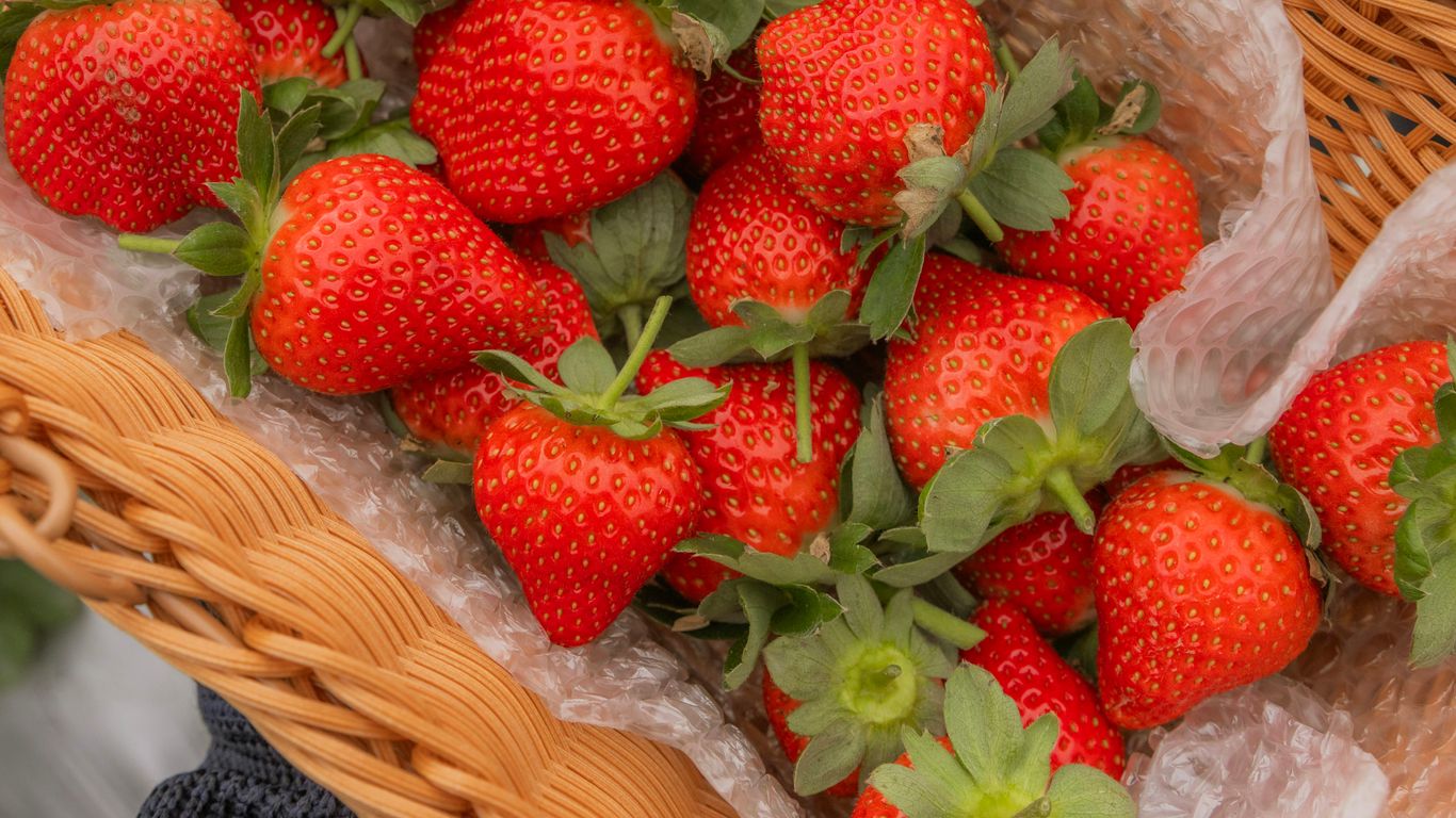 A basket overflowing with fresh, ripe strawberries.