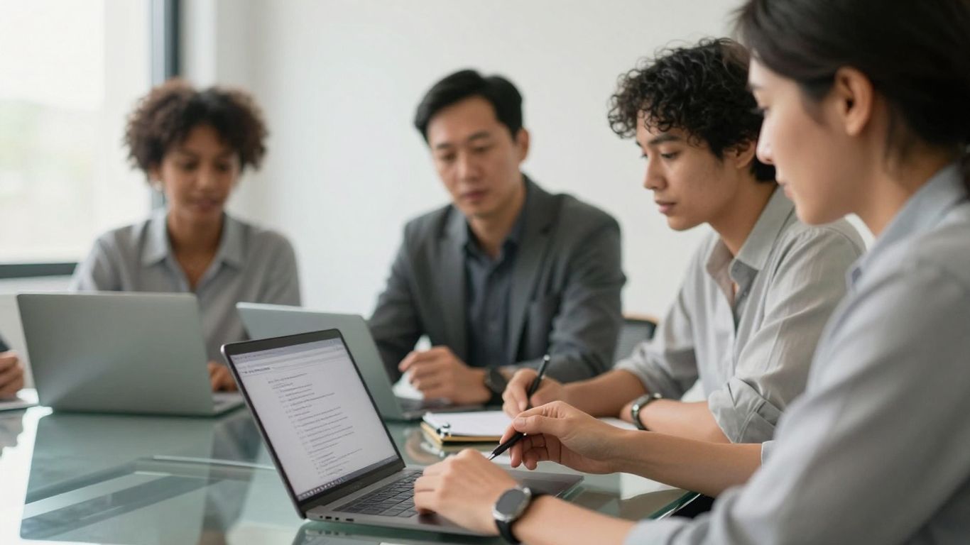 Employees discussing career development in a bright meeting room