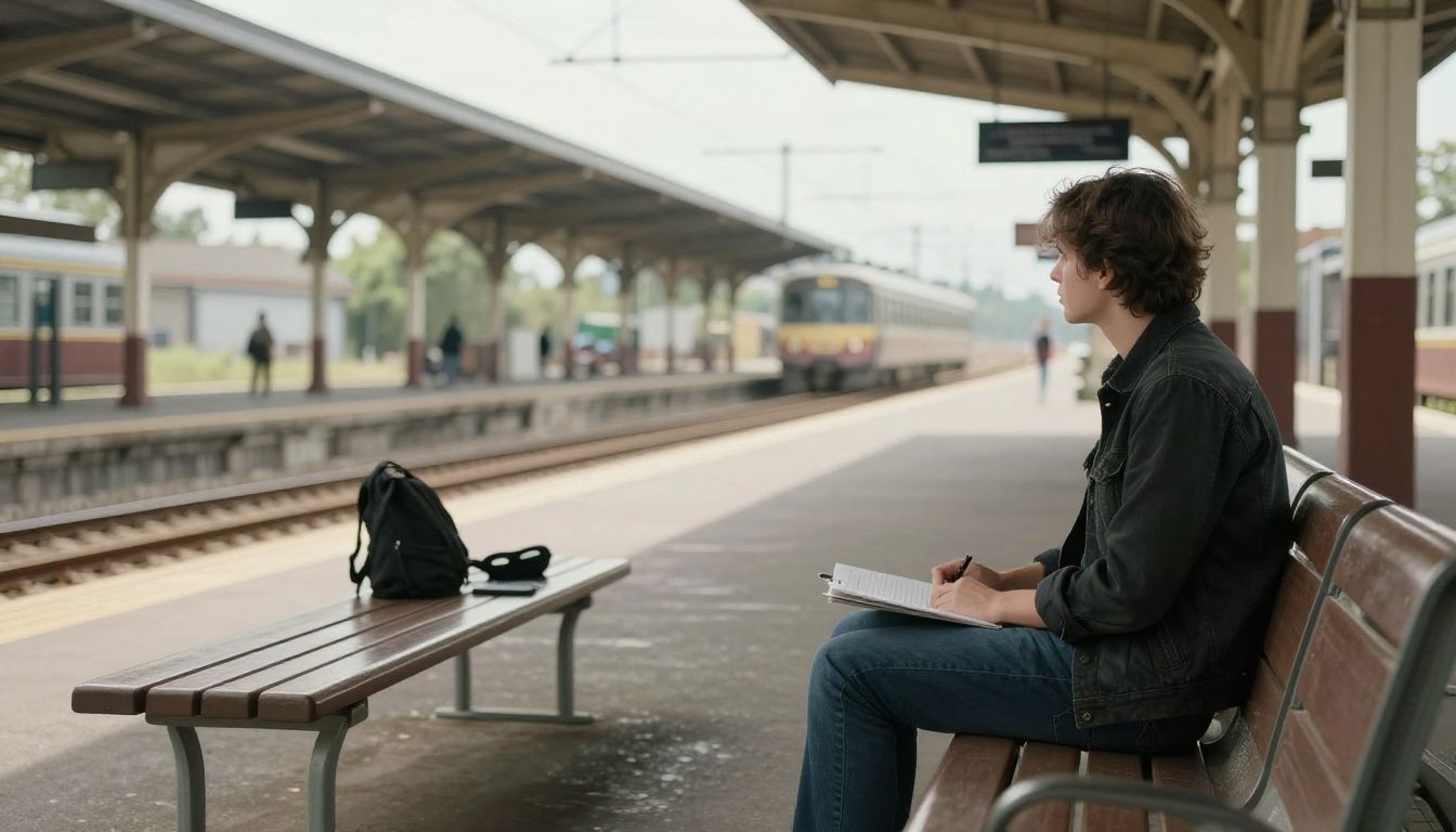 A person sits on a bench in a quiet, sunlit train station, looking thoughtfully down the empty tracks, conveying a sense of patient waiting.