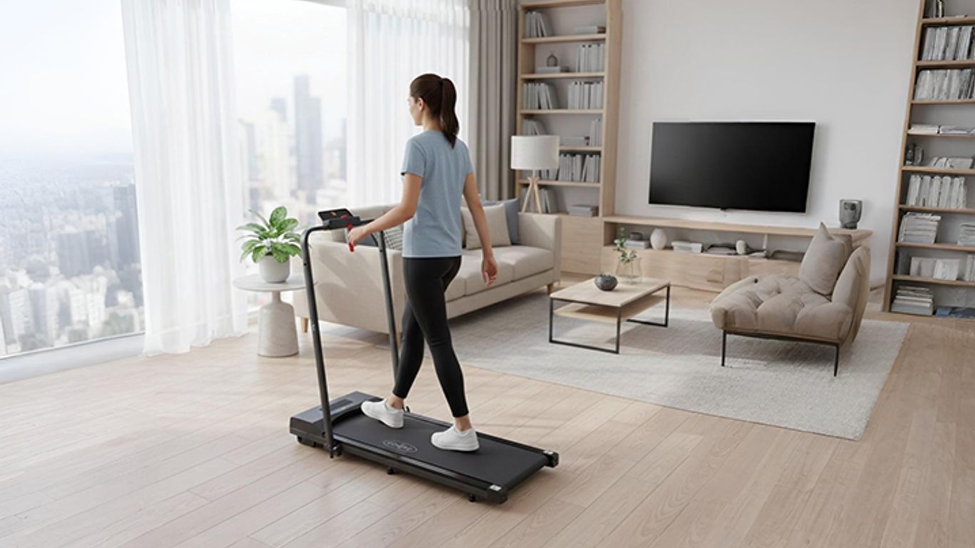 A person walks on a treadmill in a modern living room.