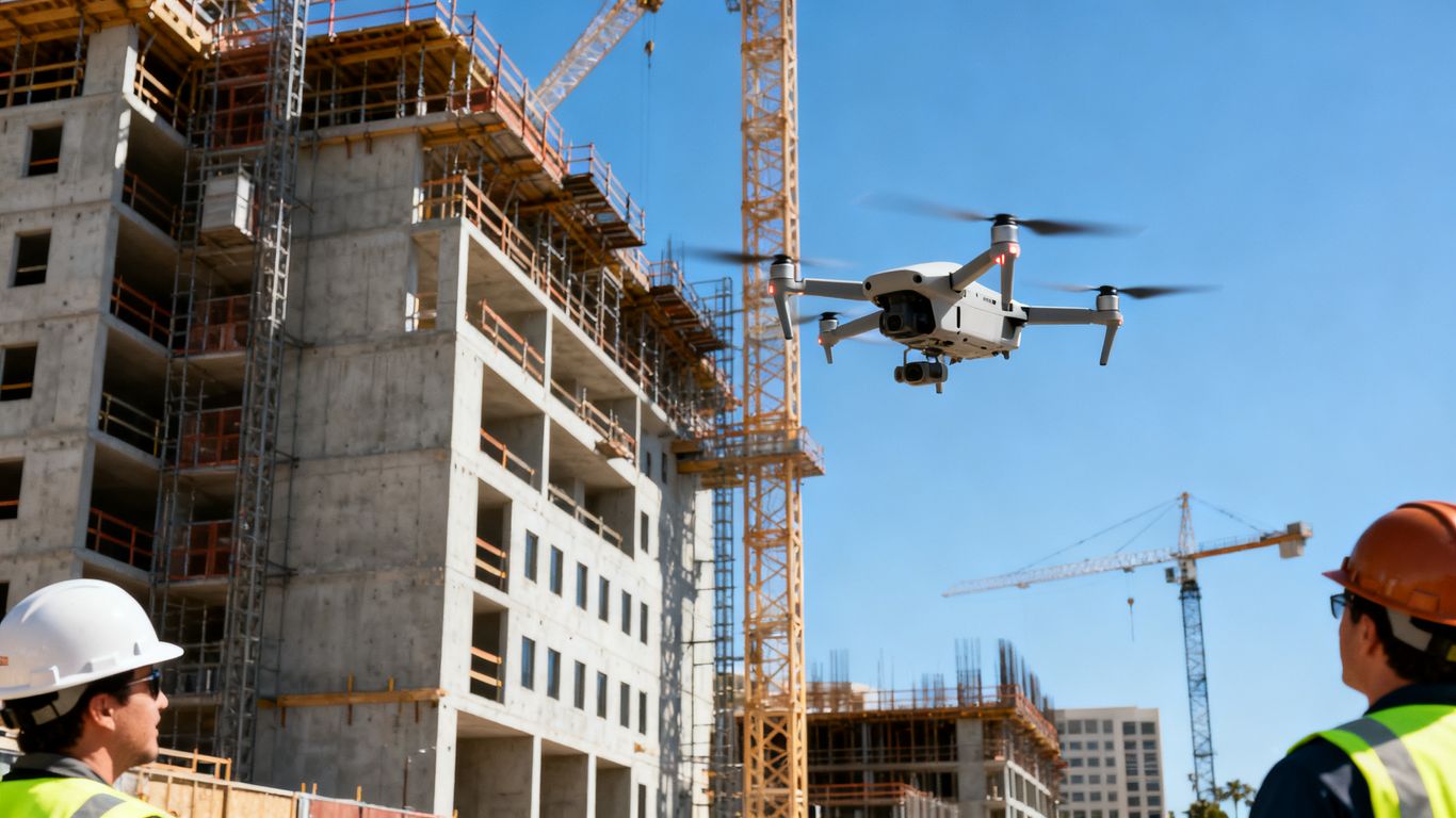 Drone flying near cranes and urban construction structures