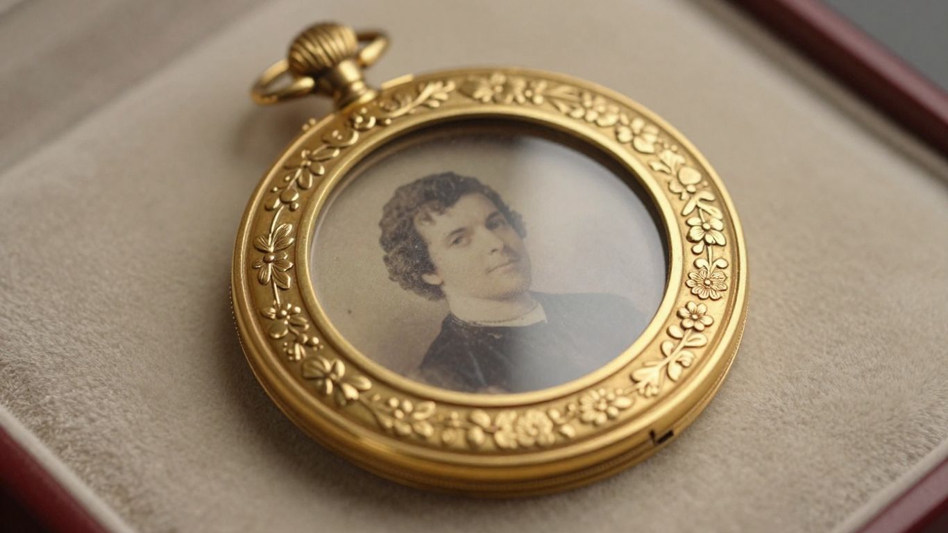 Antique gold locket with floral engravings on velvet.