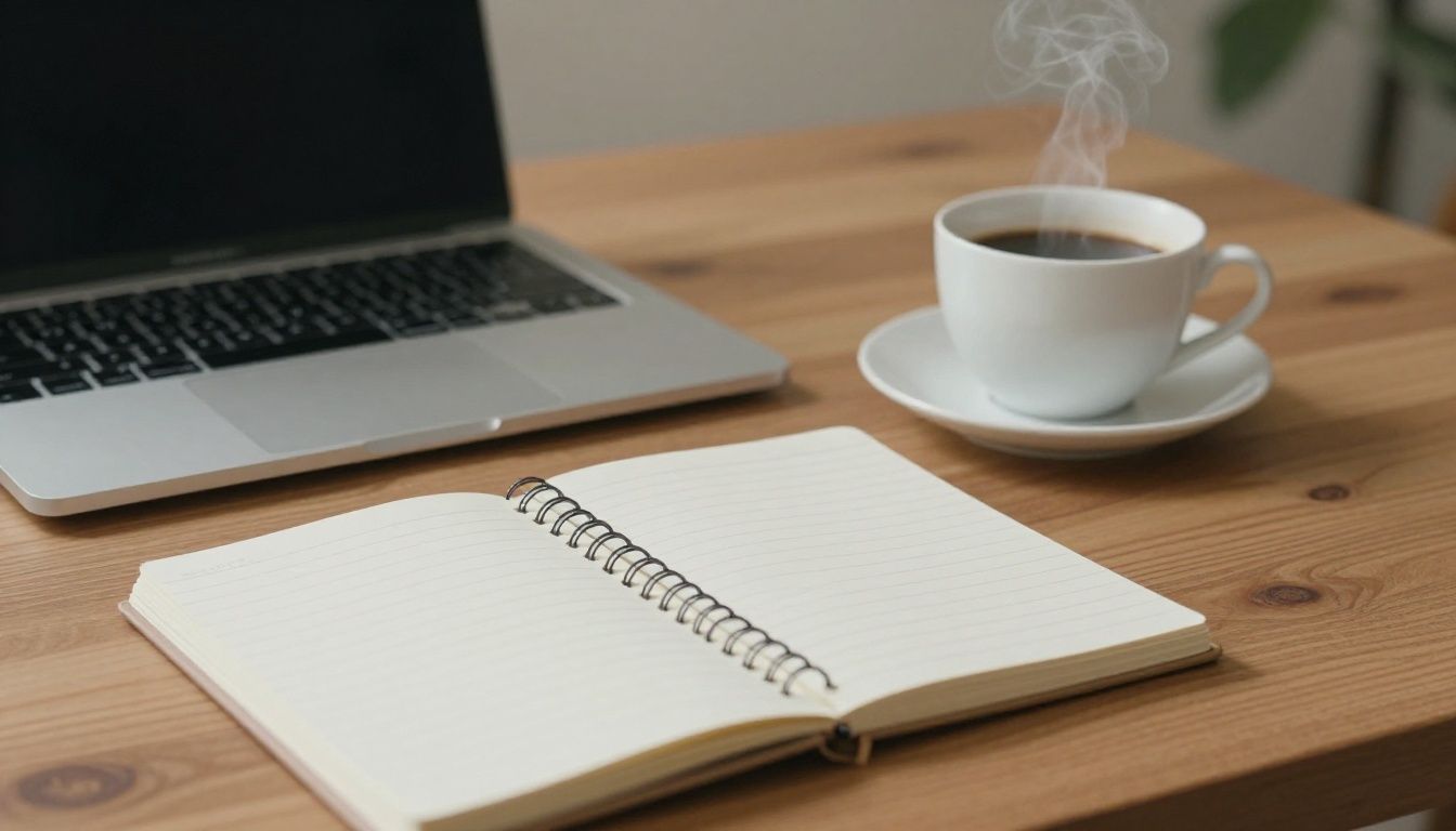 A warm, organized, and peaceful home office workspace with a cup of coffee and a notebook, reflecting calm, intentional living for a driven individual.