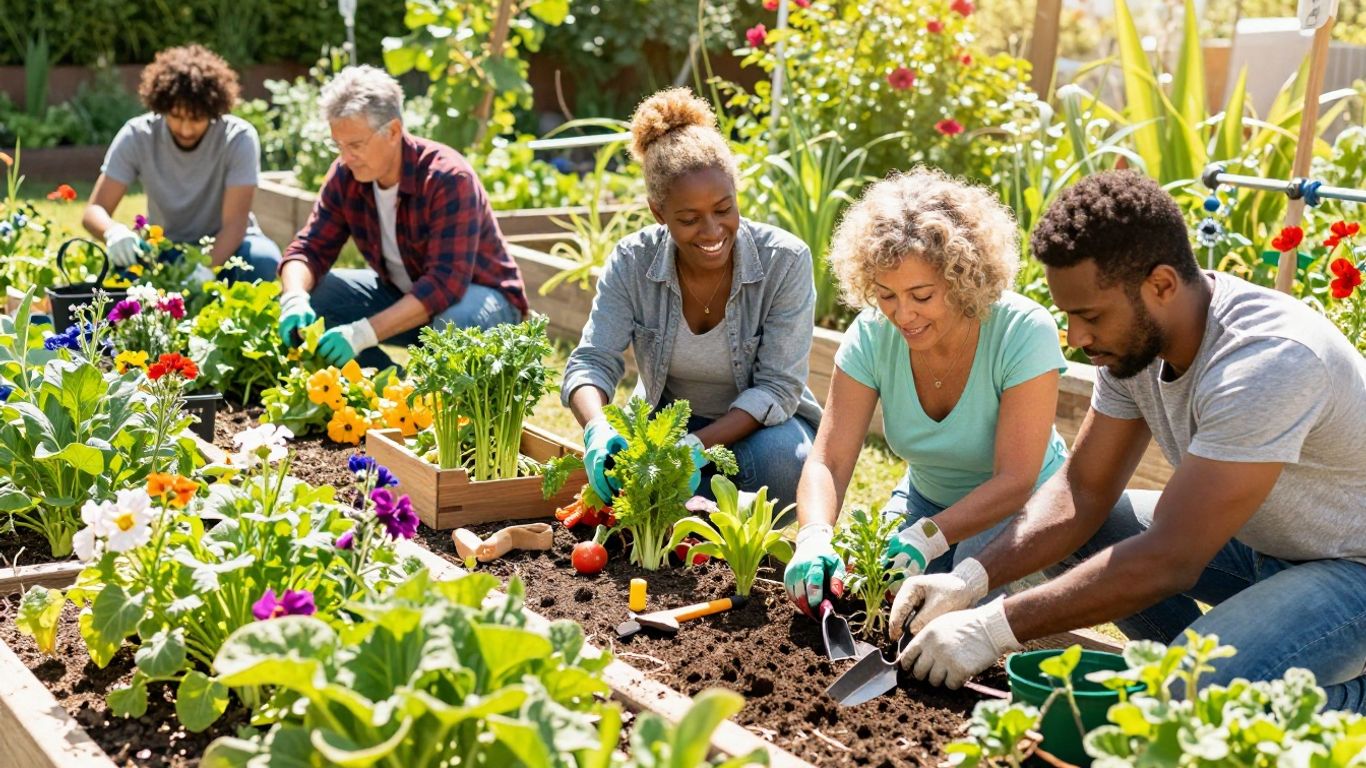 Menschen arbeiten gemeinsam in einem Gemeinschaftsgarten.