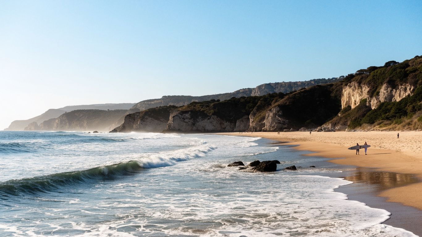 Surfers and beachgoers along Biarritz coast