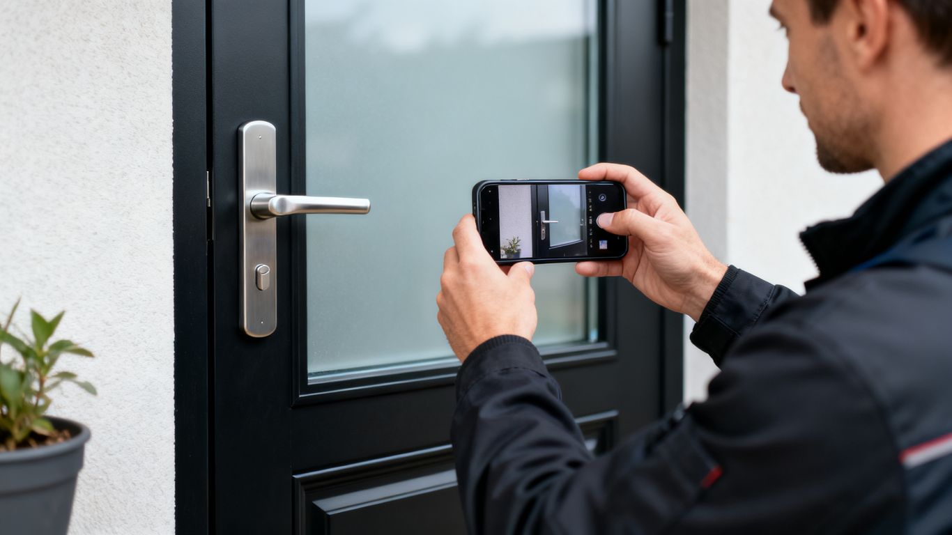 A technician inspecting a modern residential front door mobile interface style