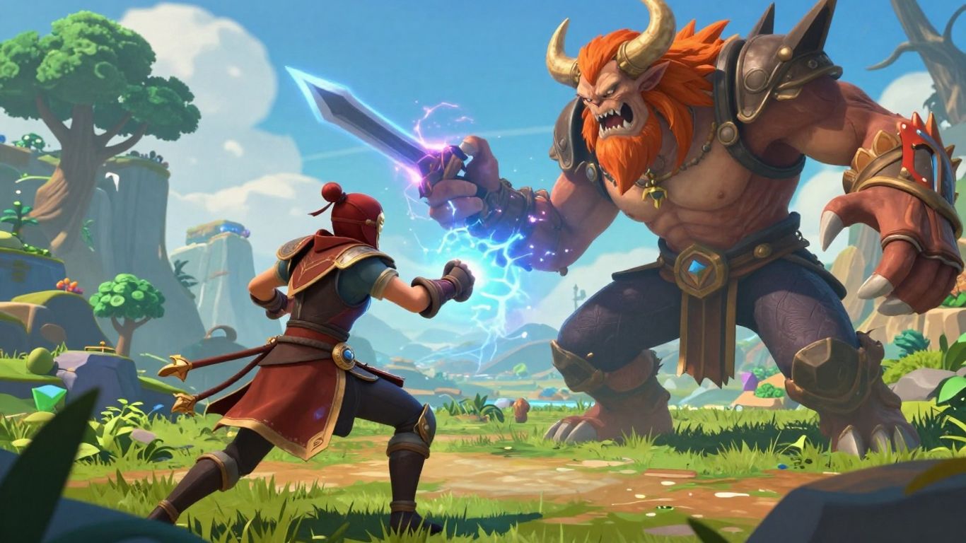 Fantasy warrior in epic combat against a monster.