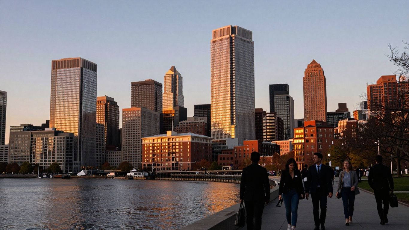 Boston skyline with professionals, symbolizing future career opportunities.