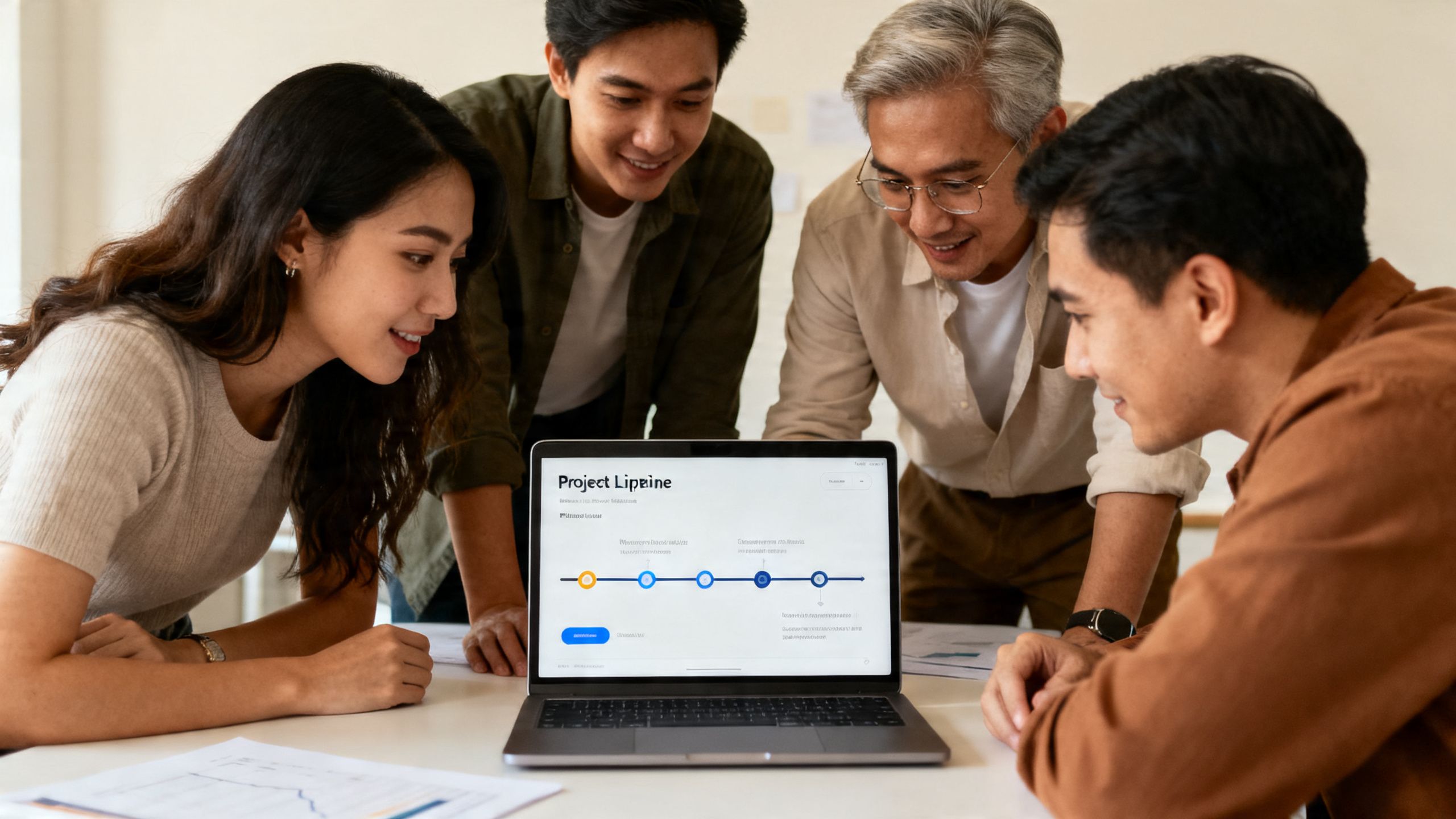 A small business team collaborating around a laptop, looking at a clean and simple project pipeline on the screen.