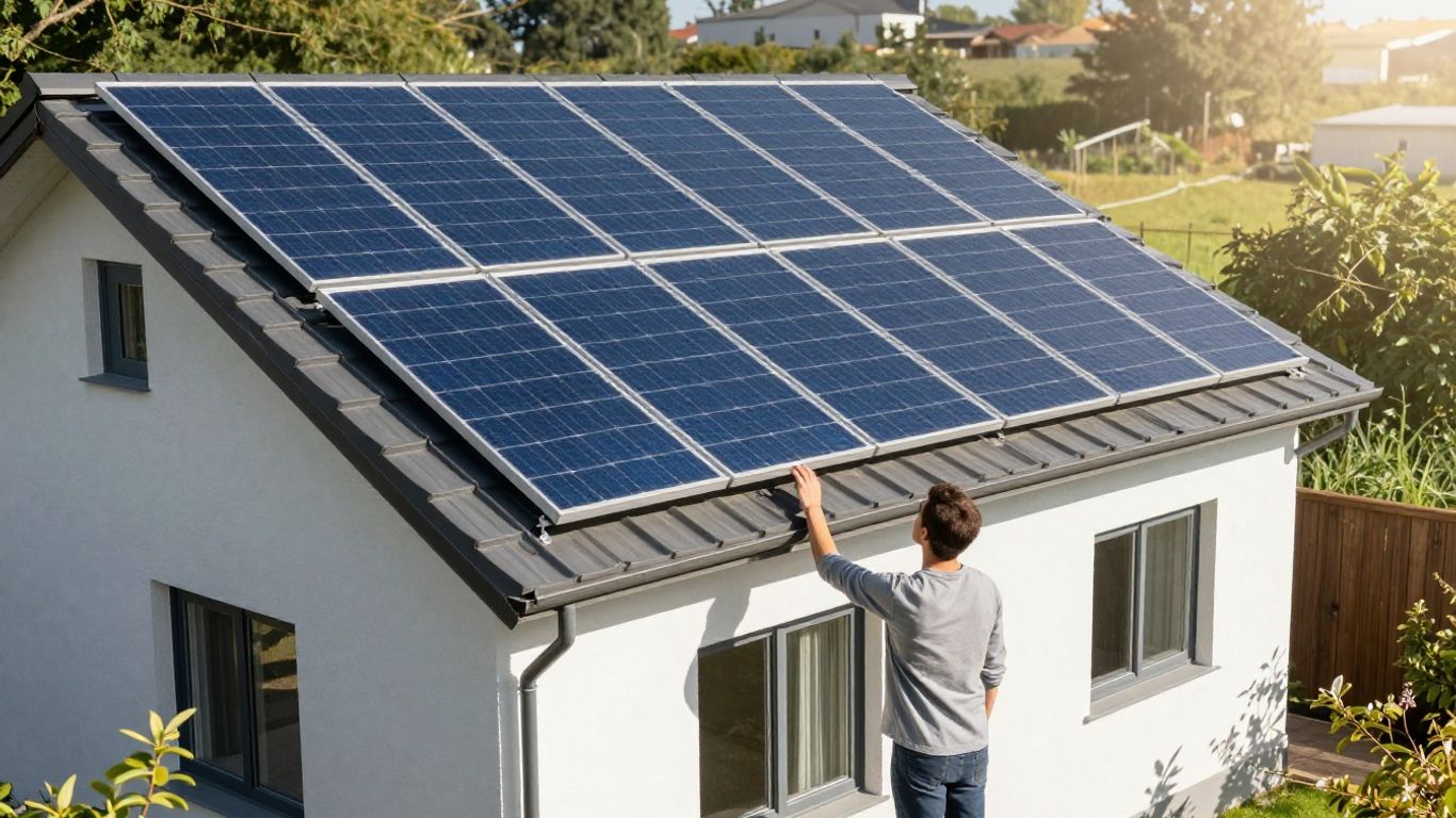 House with solar panels under a sunny sky.