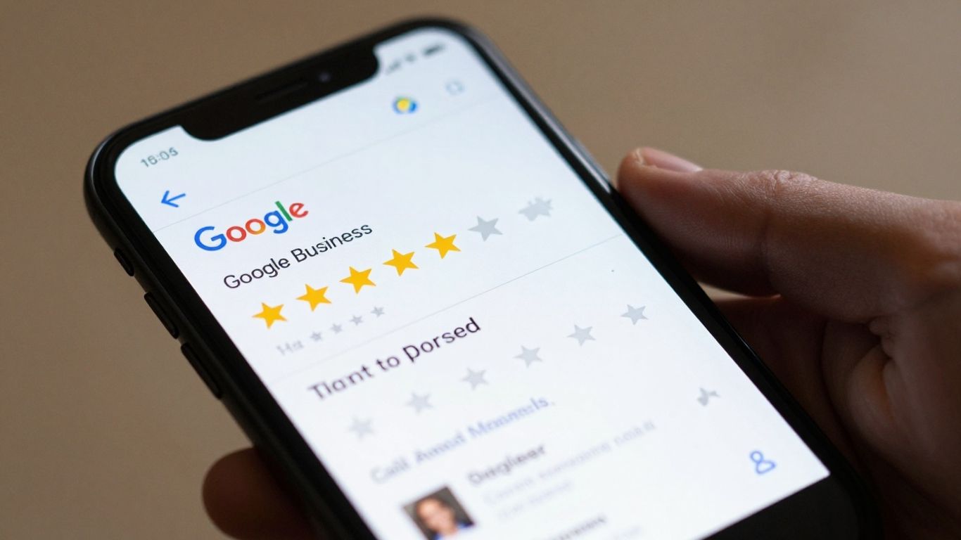 Smartphone showing Google Business review prompt.