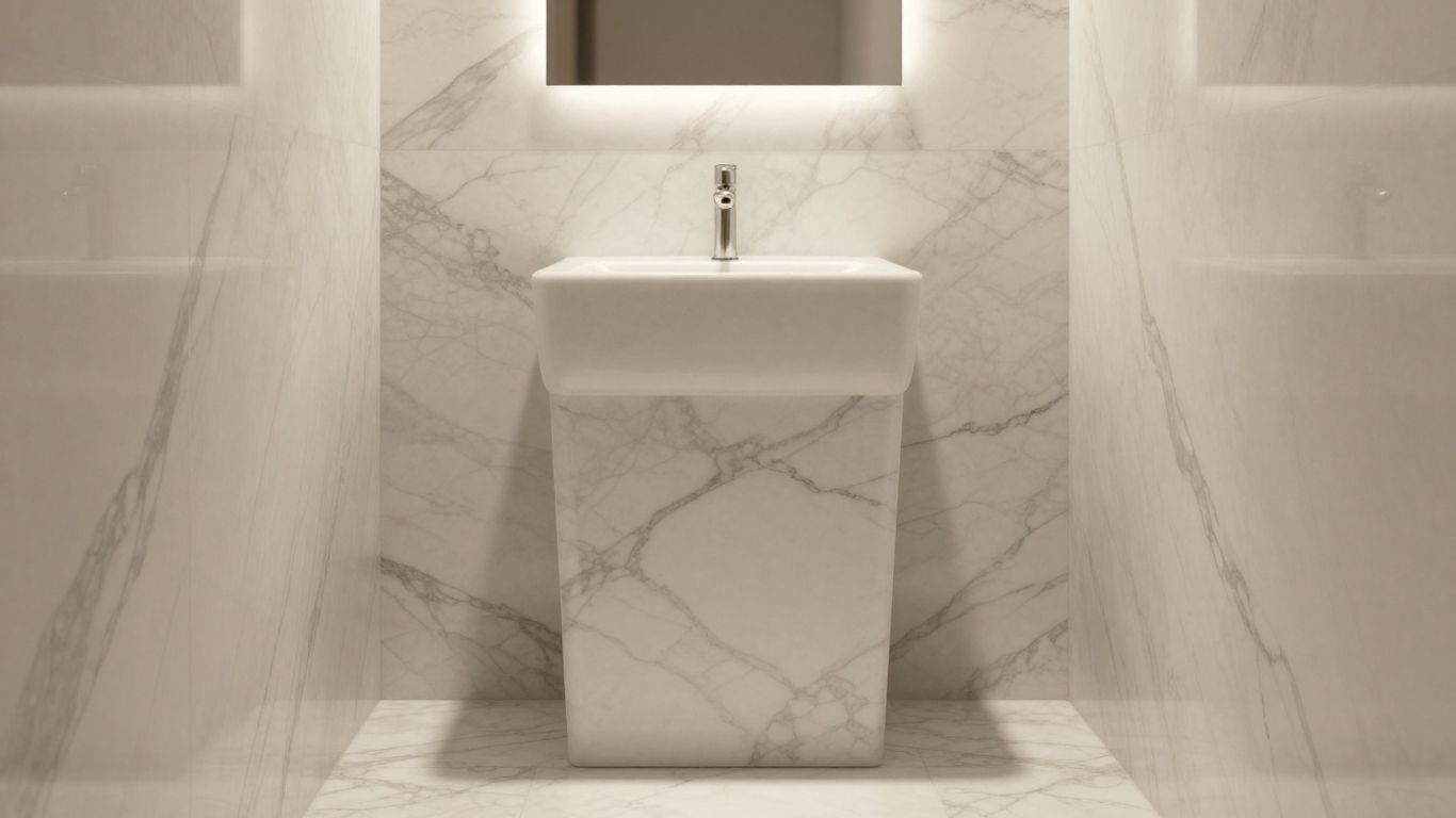 Statuario marble in a small bathroom sketch.