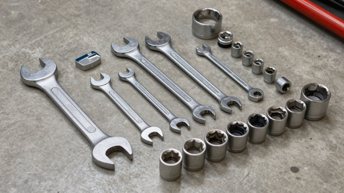 Assorted tools for automotive repair on concrete