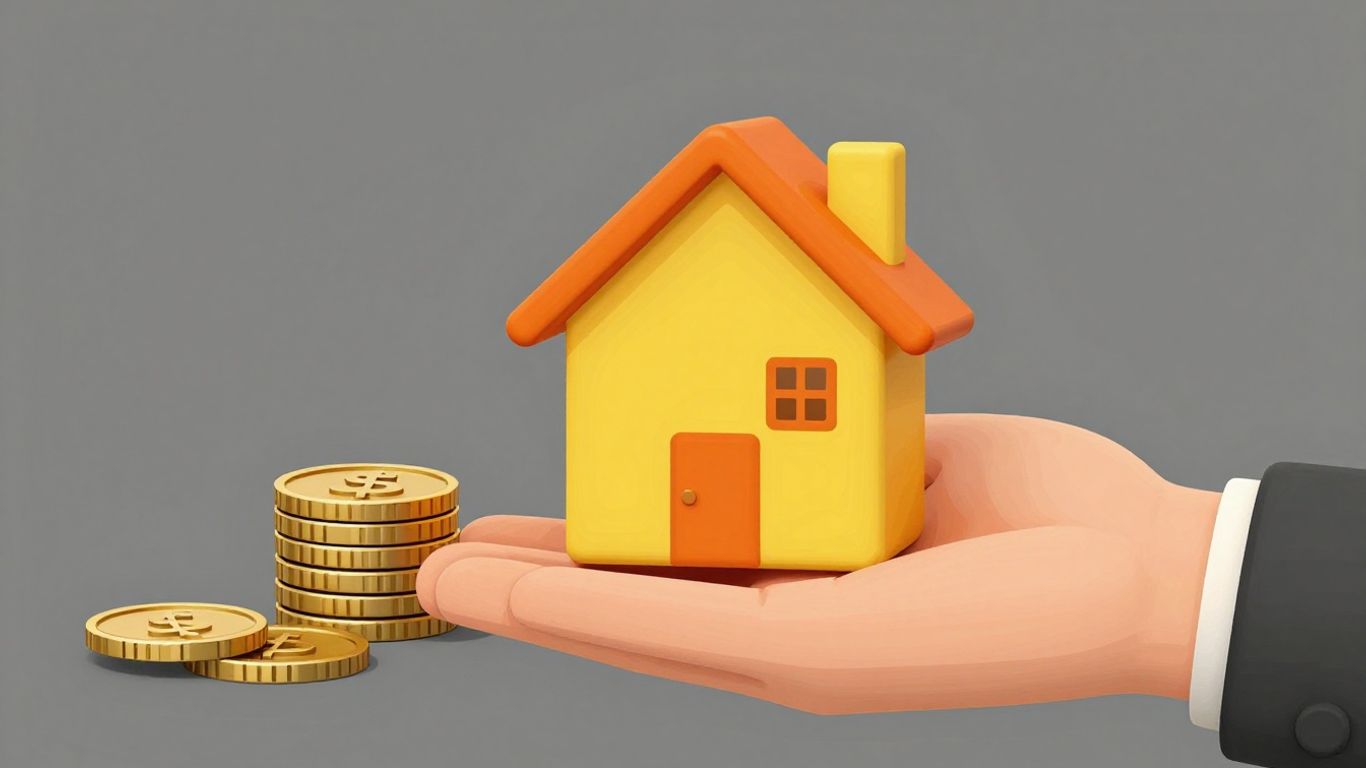 Cartoon hand with coins and a house.