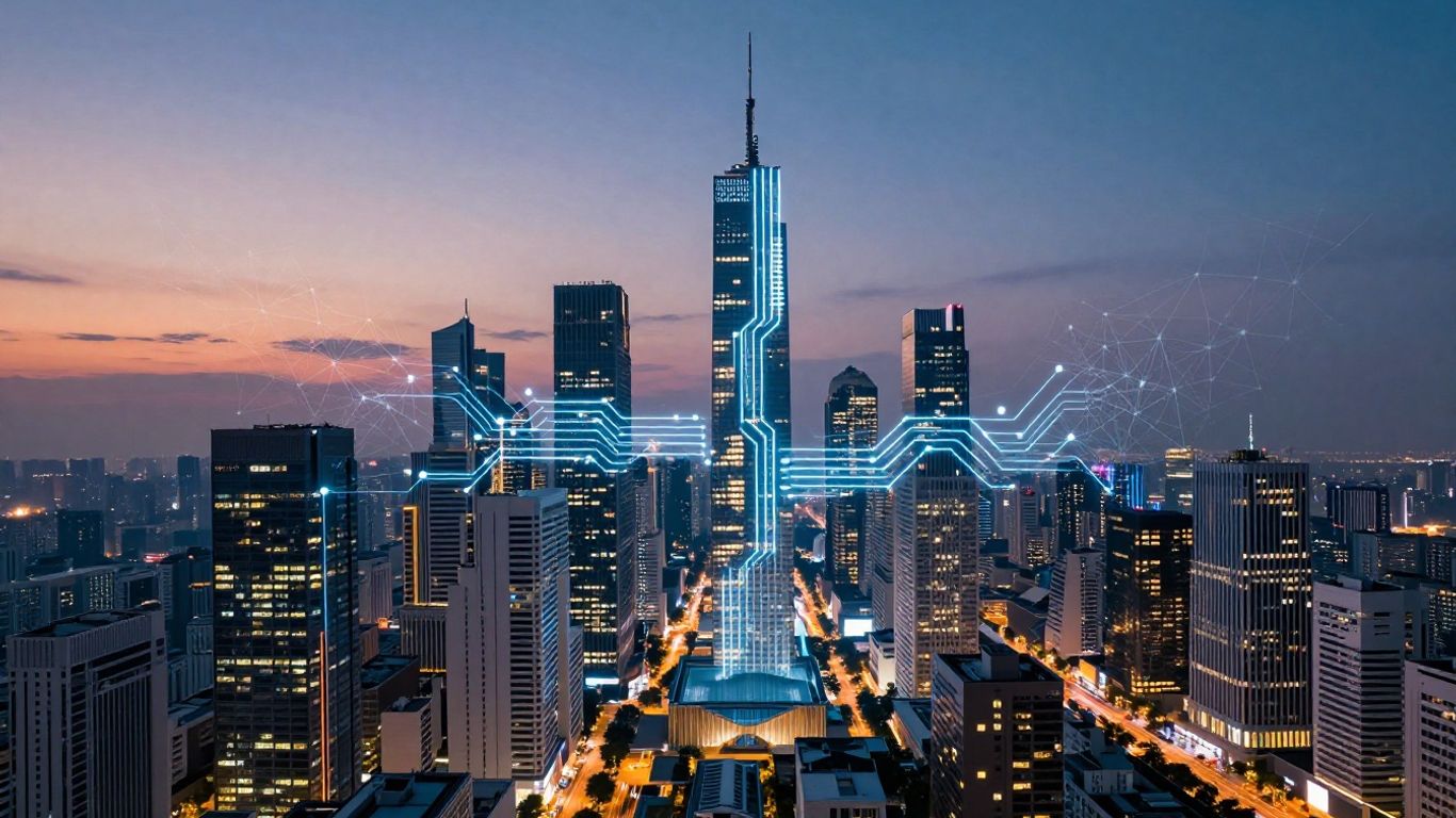 Futuristic cityscape with AI circuits and neural network patterns.