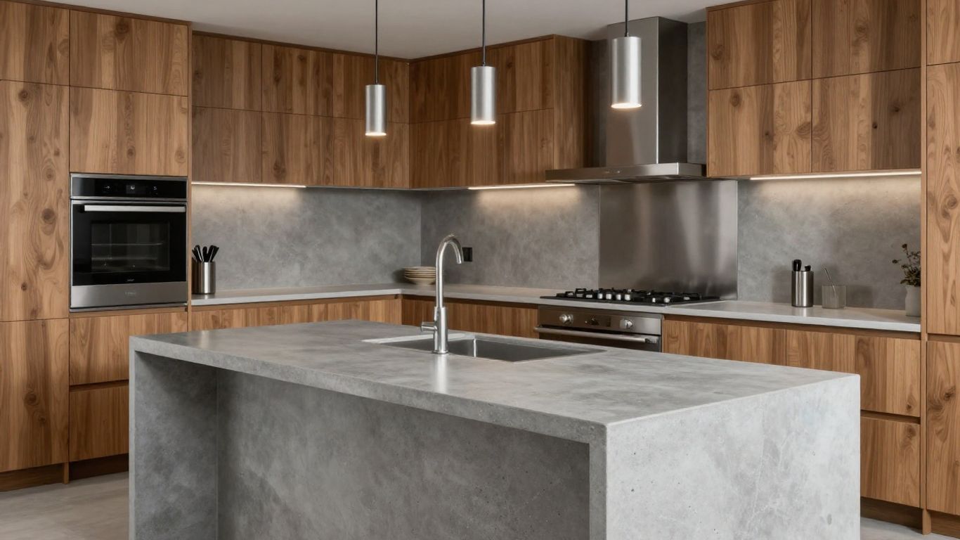 Modern kitchen with cement worktop and island.