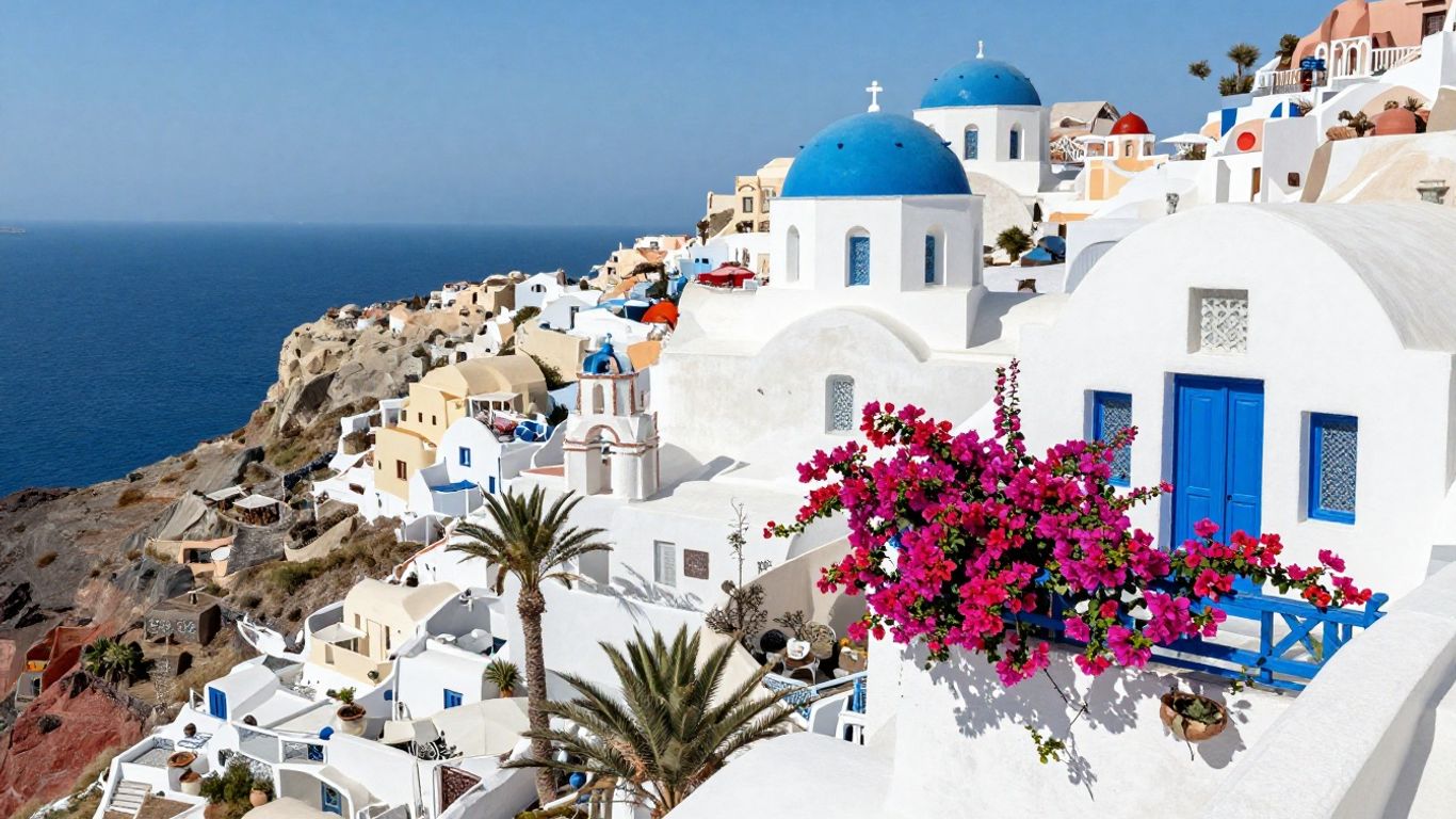 Whitewashed village overlooking the Aegean Sea in Mykonos, Greece.