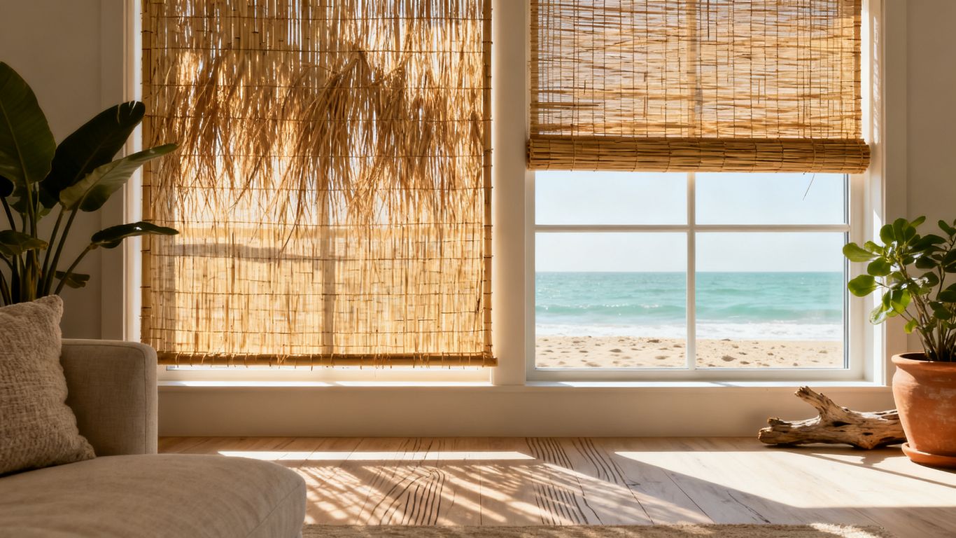 Living room with natural woven window shades
