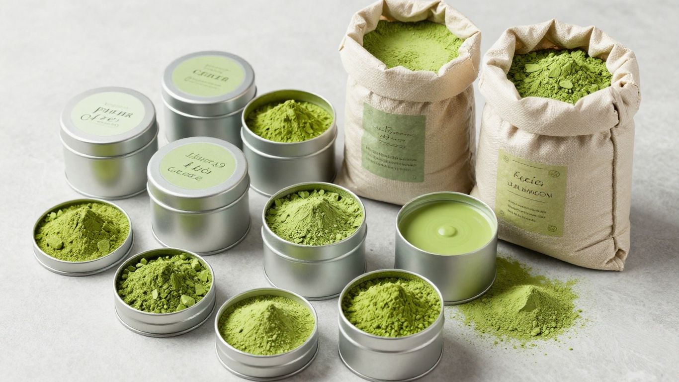 Bulk matcha powder containers for cafes and retailers.