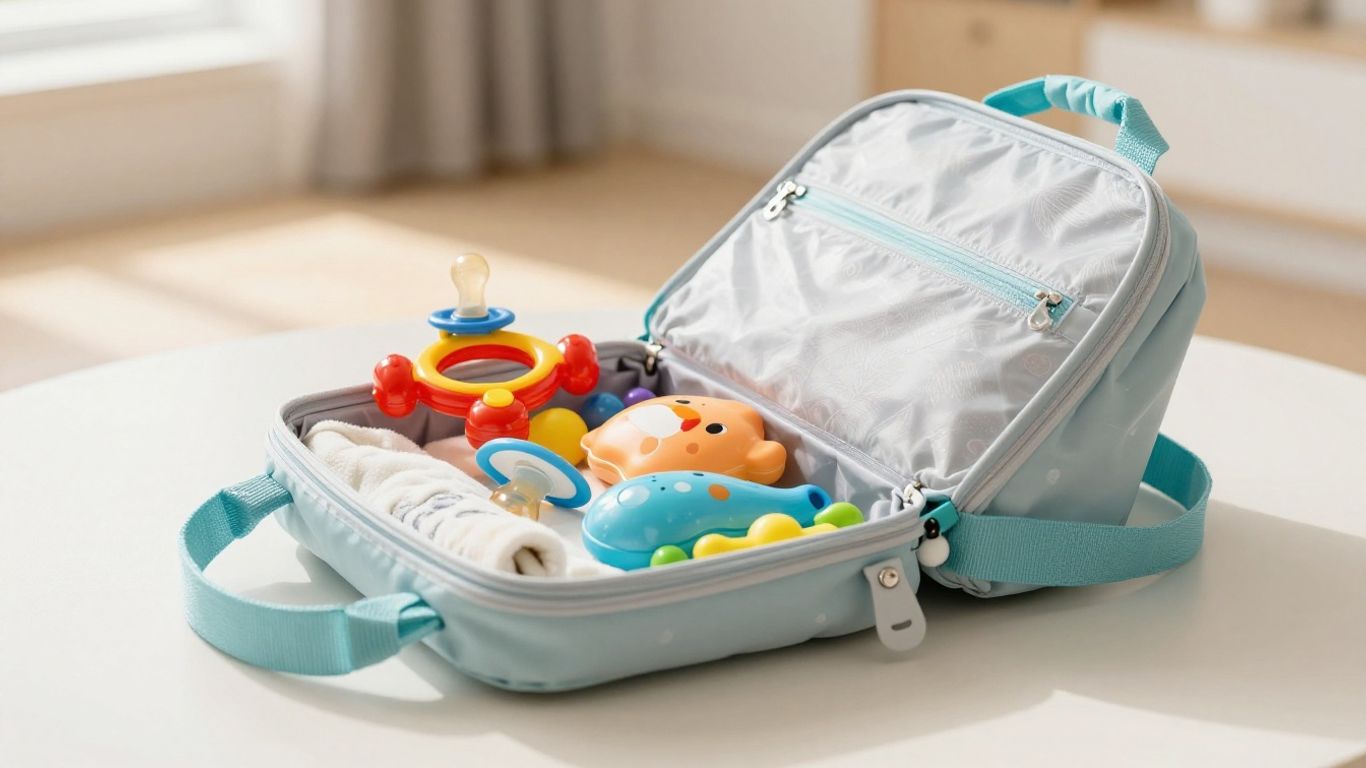 Diaper bag with toys and essentials for plane travel.
