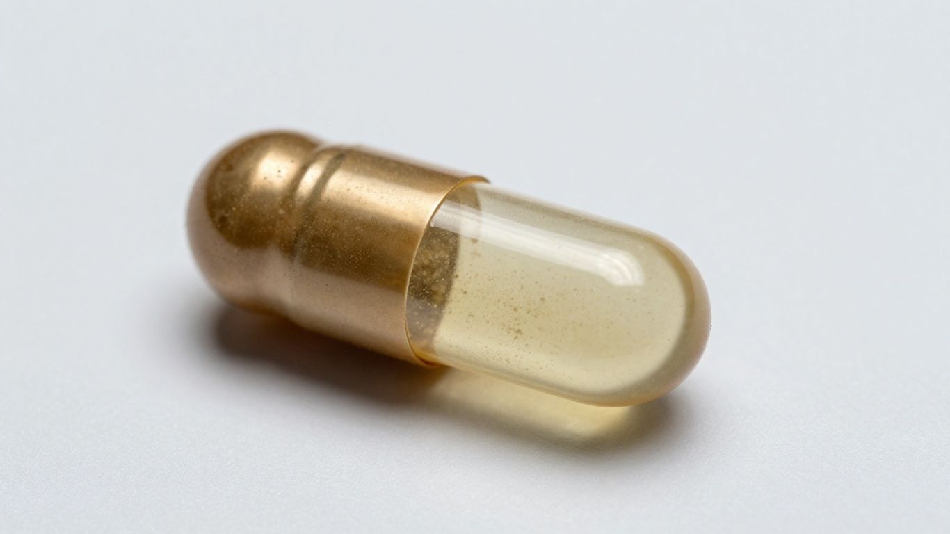 Copper gluconate supplement capsule on a white surface.