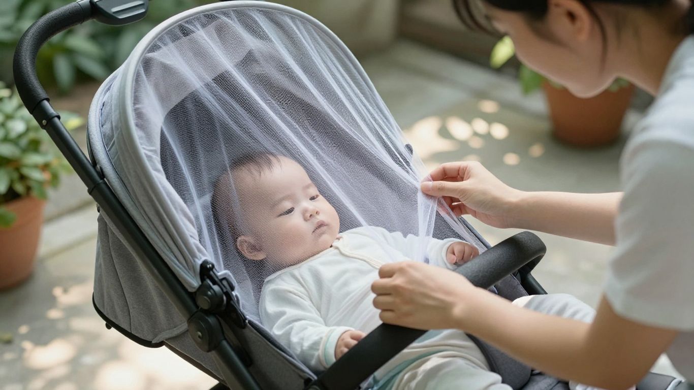 Madre colocando mosquitera en carrito