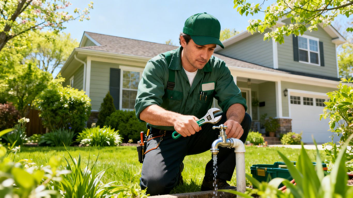Plumber performing maintenance on a home's outdoor faucet.