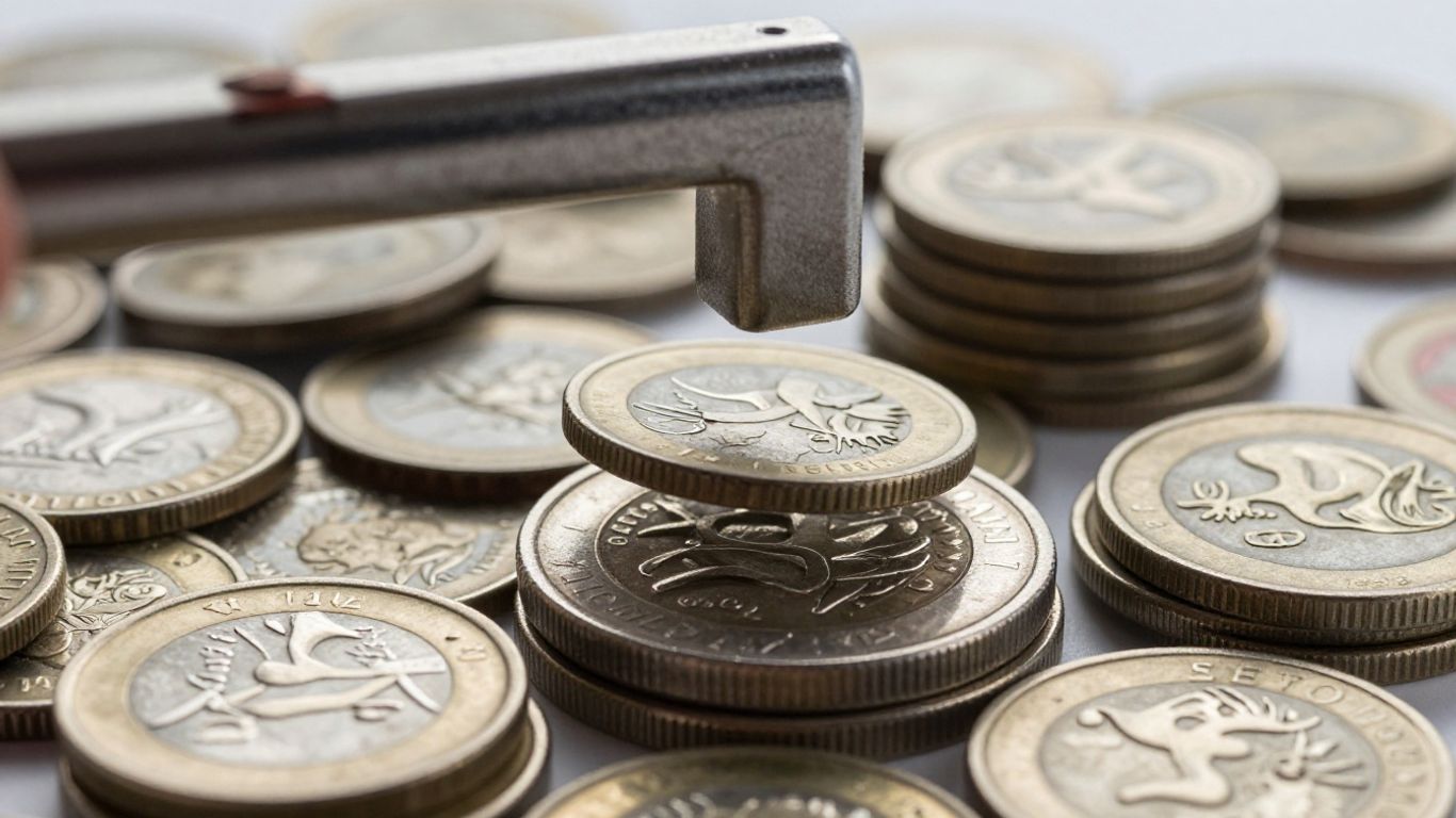 Magnet testing coins for authenticity.