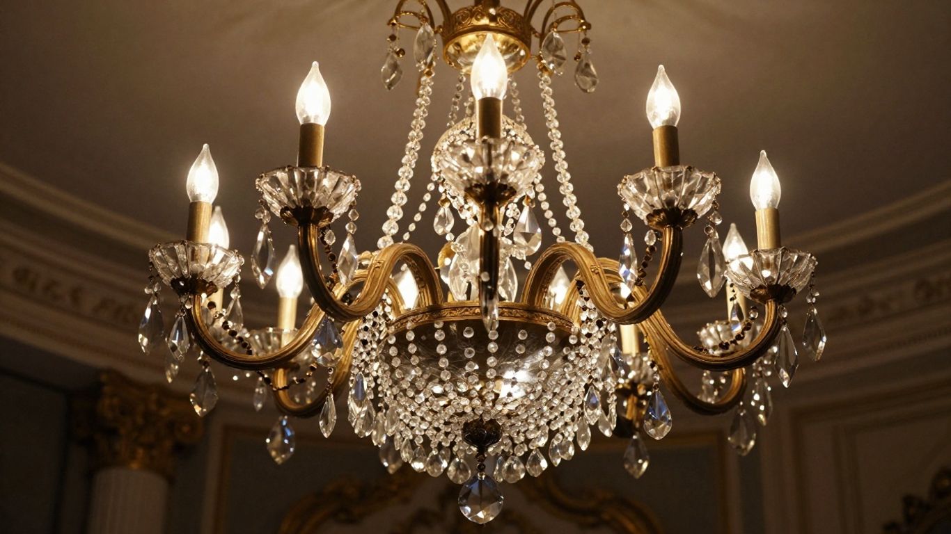 Ornate antique crystal chandelier in an elegant room.