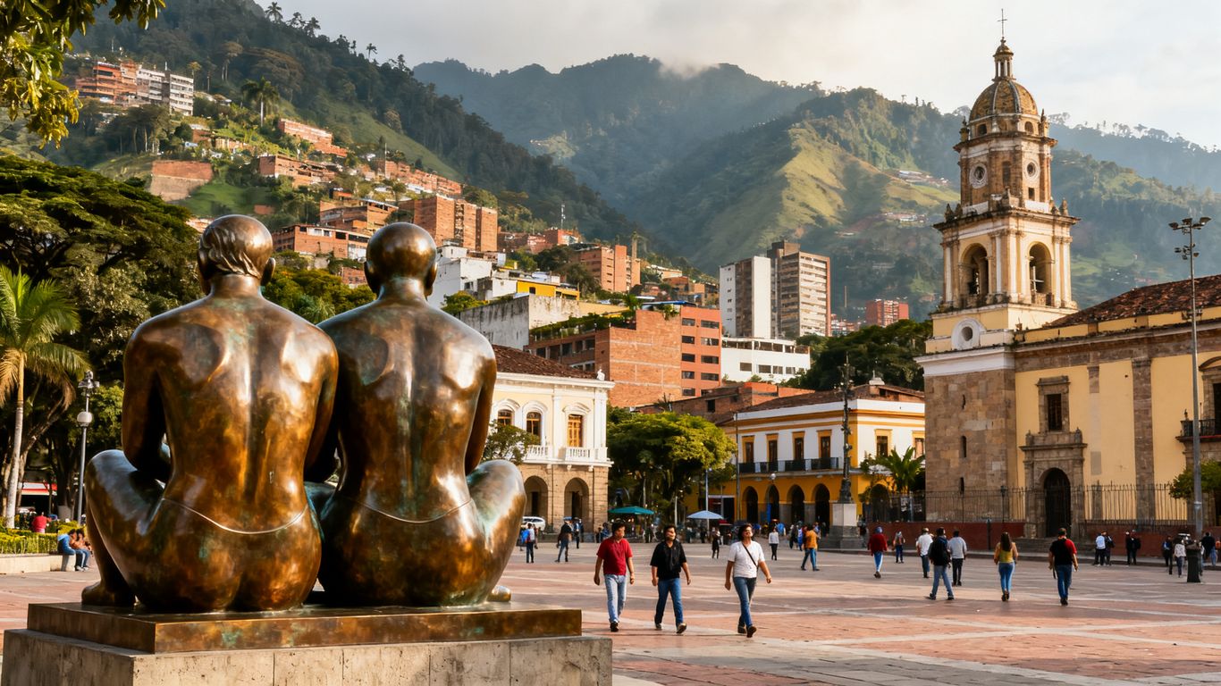 Plaza Botero sculptures and Medellín skyline
