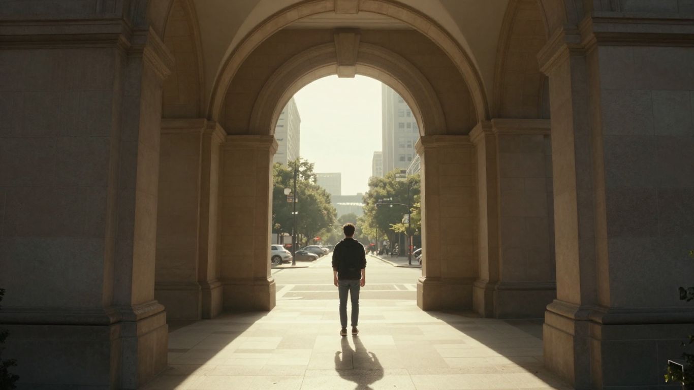Person at crossroads, courthouse, family reunion, hopeful journey.