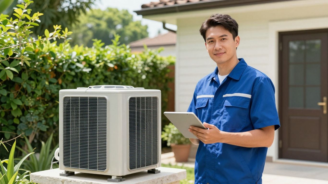 HVAC technician in front of a house with AC unit.