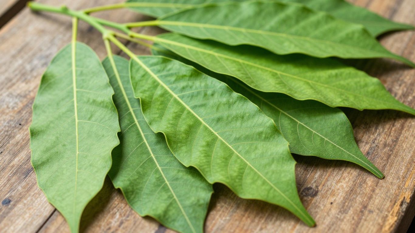 Green kratom leaves on a wooden surface.