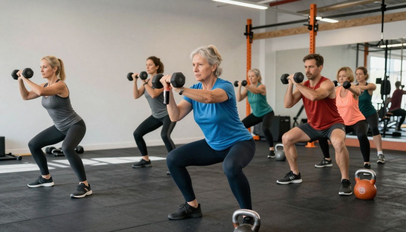 A diverse group of adults in their 40s and 50s performing strength training exercises with dumbbells and kettlebells in a bright, modern gym, looking focused and empowered.
