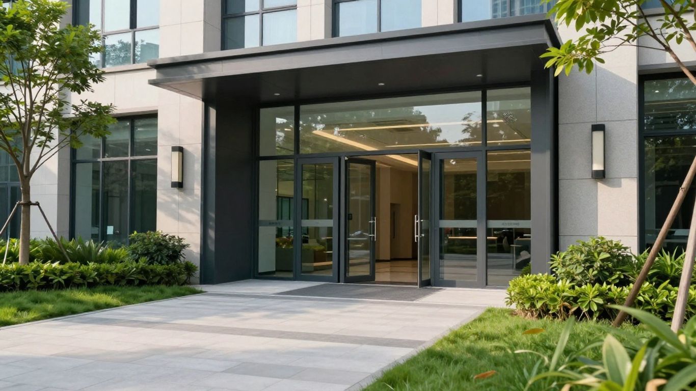 Automatic glass doors opening at an office park entrance.