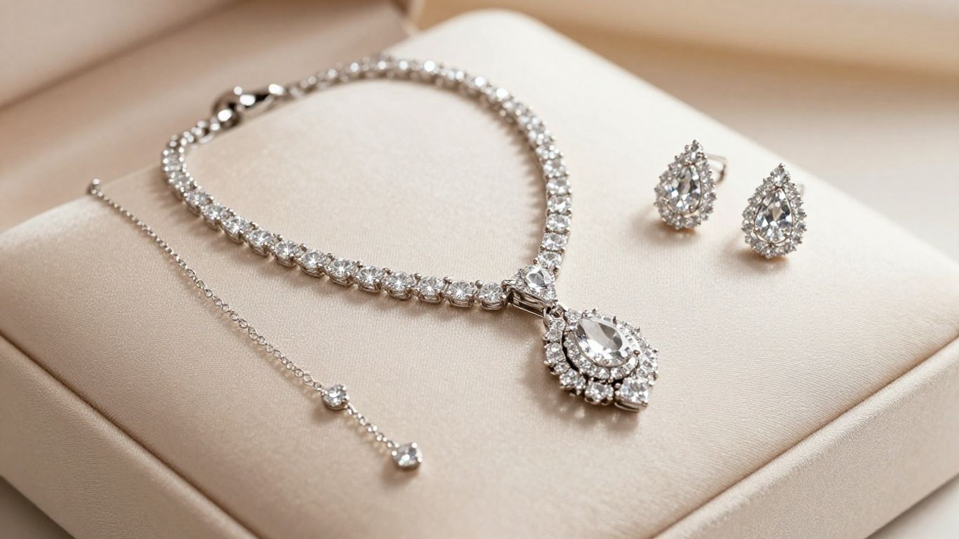 Sparkling diamond bridal jewellery set with necklace, earrings, and bracelet.