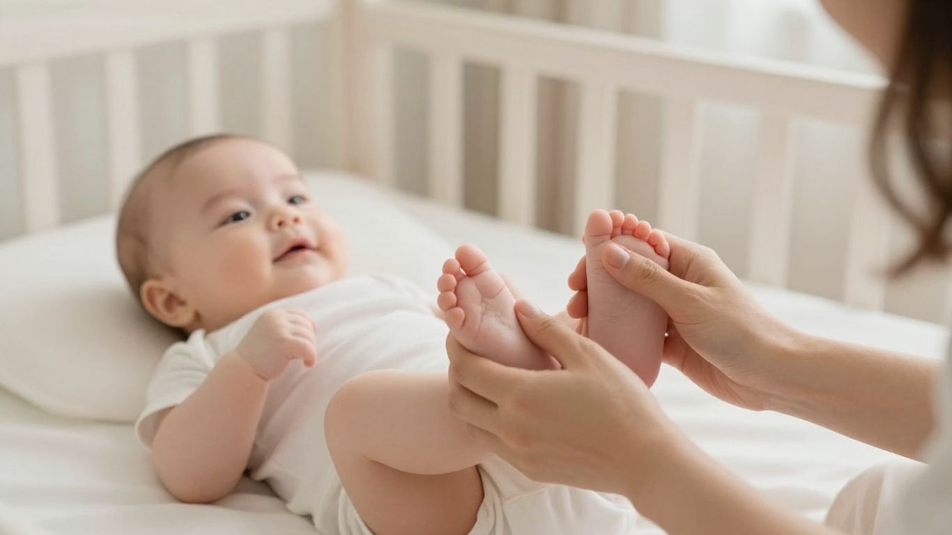 Madre masajeando los pies de su bebé con ternura.