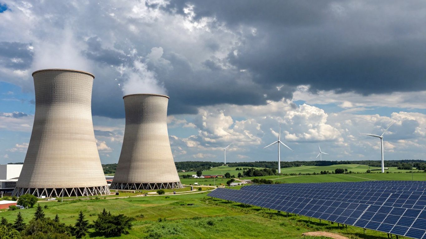 Centrale nucléaire face à parc éolien et solaire.
