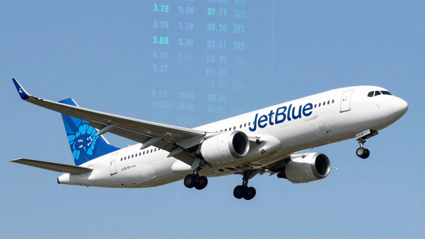 JetBlue airplane with data streams and price tags.