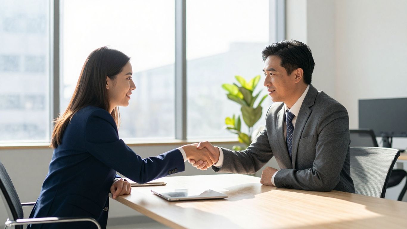 Business professionals shaking hands in a modern office.