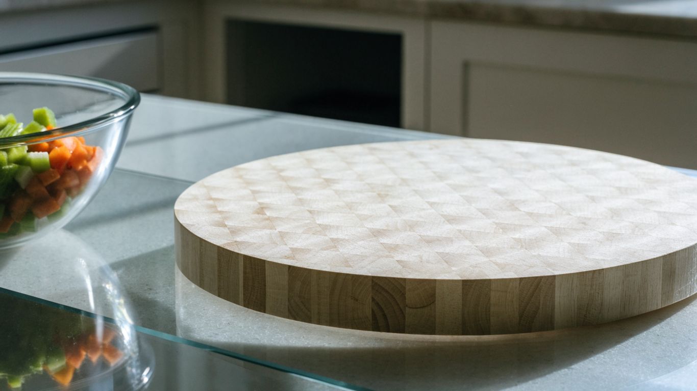 A compact maple end grain board on a clear counter