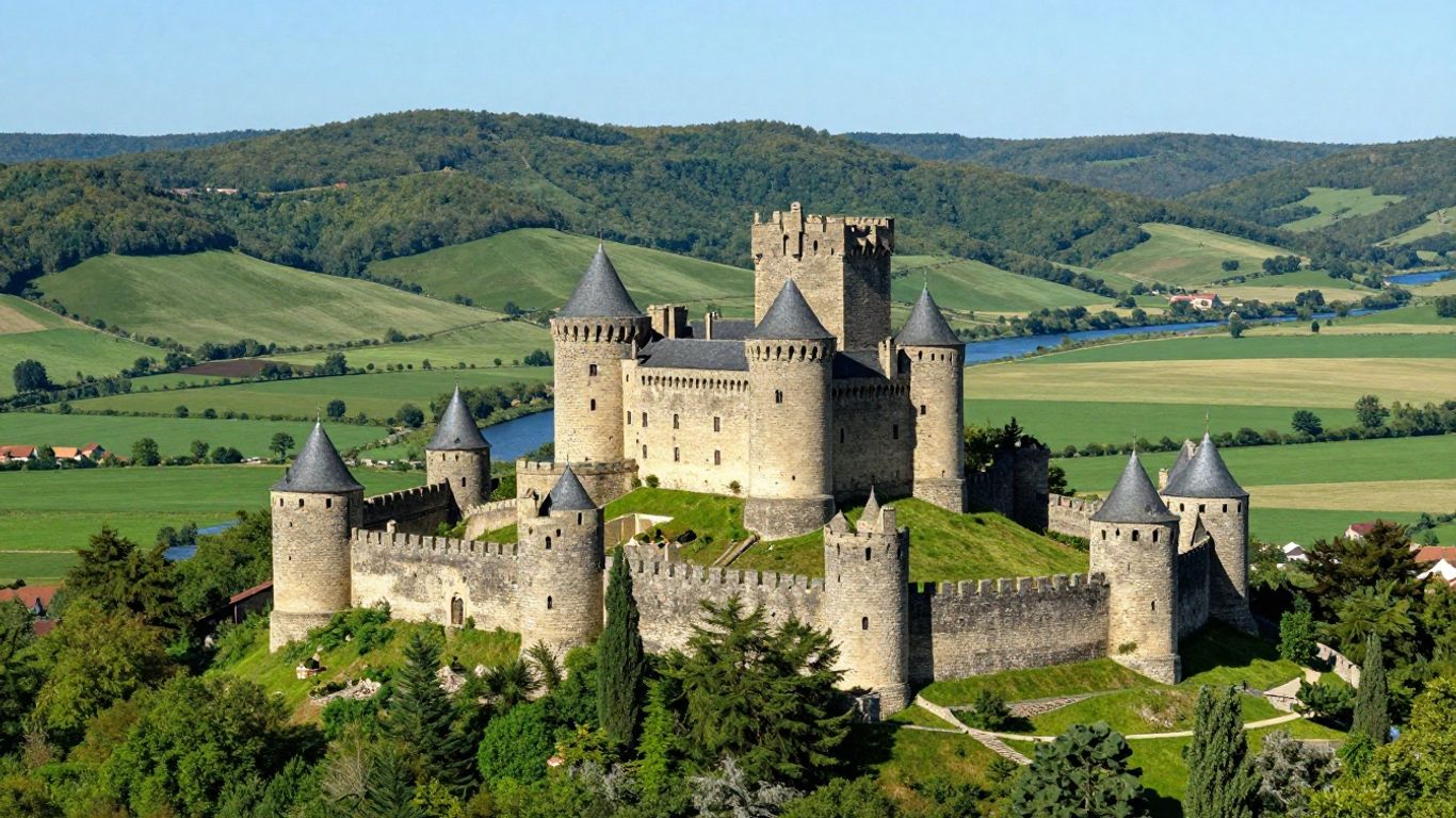 Medieval castle on a hill in the Dordogne countryside.