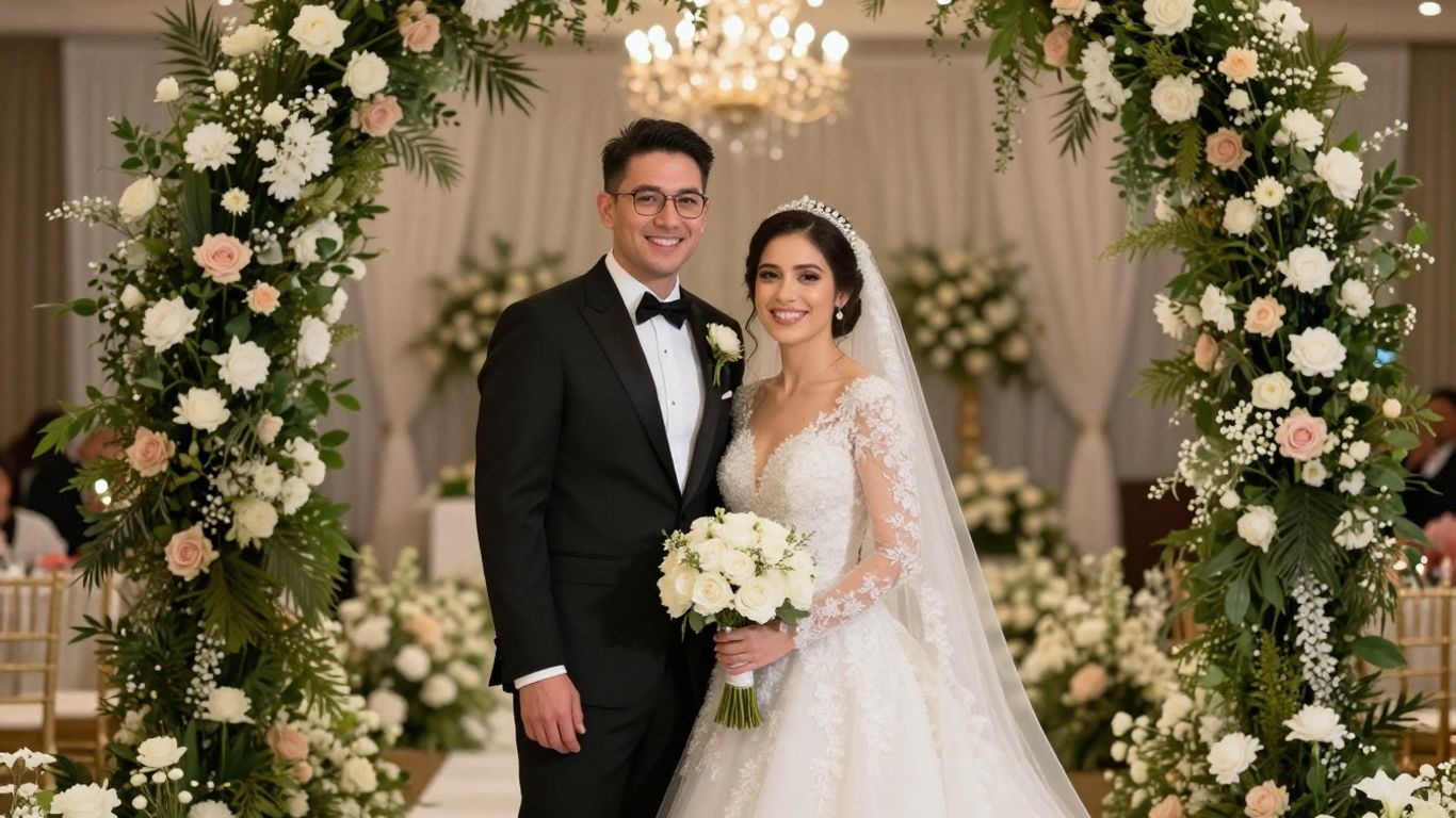 Dallas wedding couple in elegant attire at venue.
