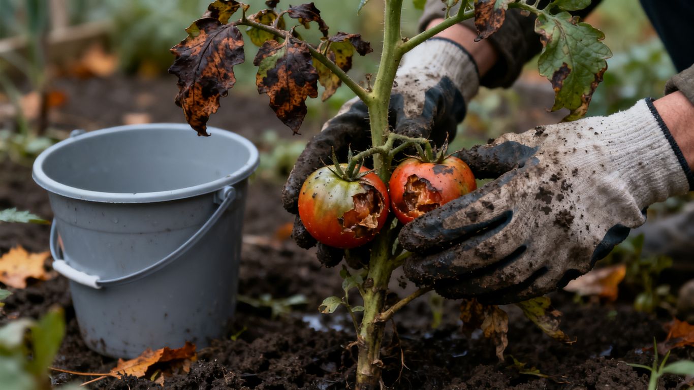 Kranke Tomatenpflanze mit dunklen Blattflecken
