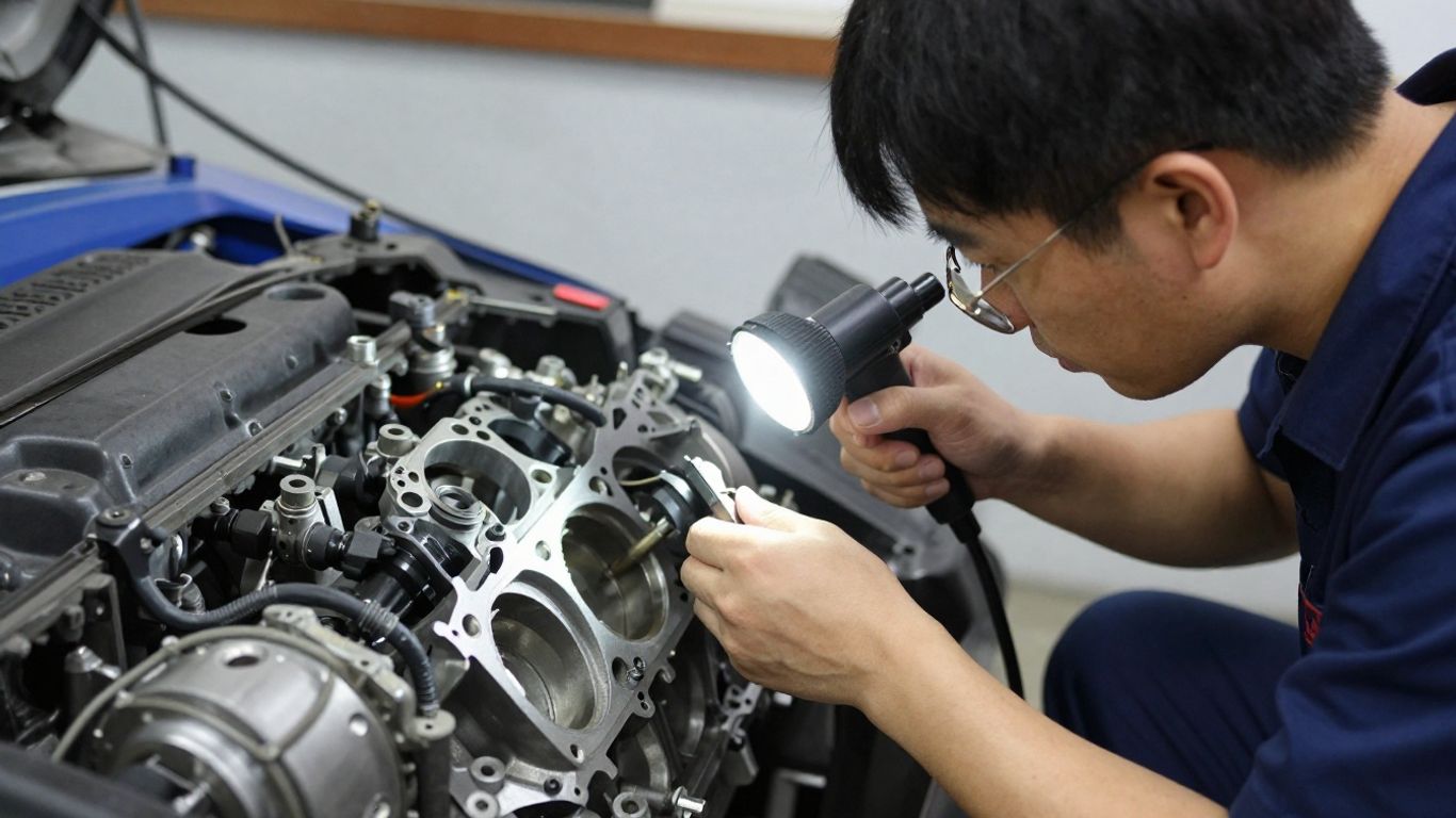 Technician inspecting engine components in workshop